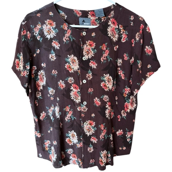 Vintage Liz Wear Floral Rayon Crewneck Button Down Short Sleeve Top Small - Picture 1 of 6